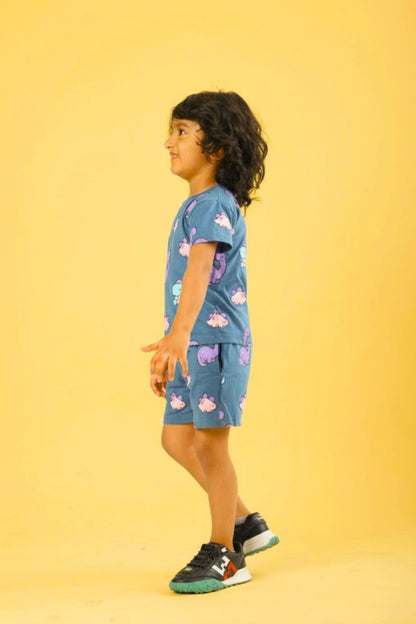 Airforce Blue Pure Cotton Printed Co-ord Set for Boys