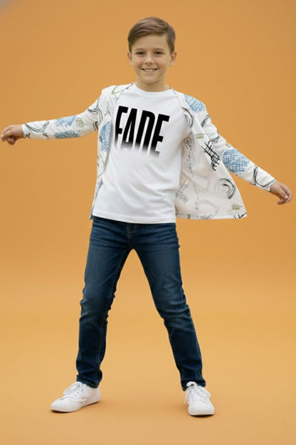 White Graphic Printed Full Sleeve Pure Cotton Boys T-Shirt with Attached Shrug