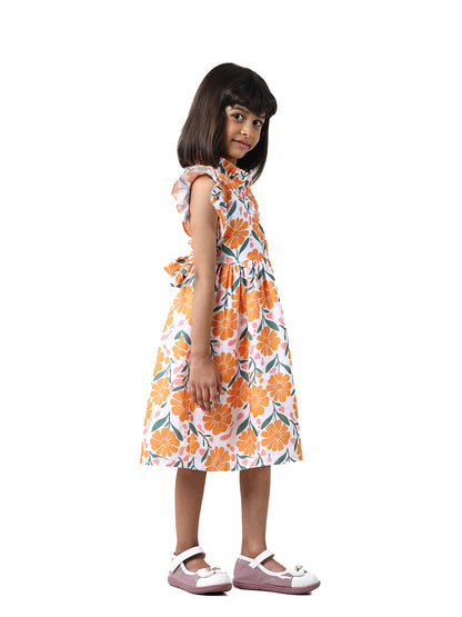 Girls Floral Print Cotton Blend A-Line Frock Dress - Orange