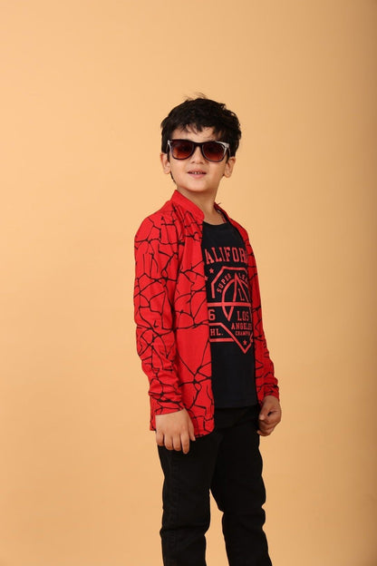 Red Pure Cotton Printed T-shirt with attached Jacket for Boys