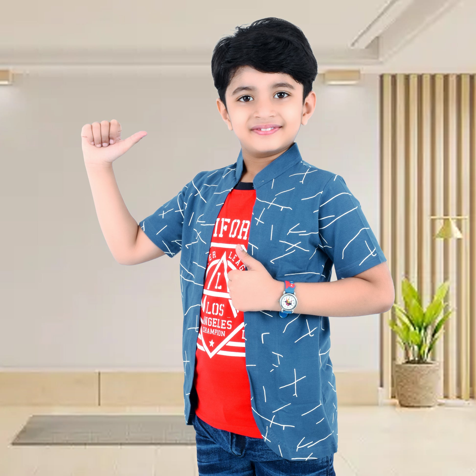 Blue /Airforce Printed Half Sleeves Pure Cotton Boys T-shirt Attached with Shrug image 3