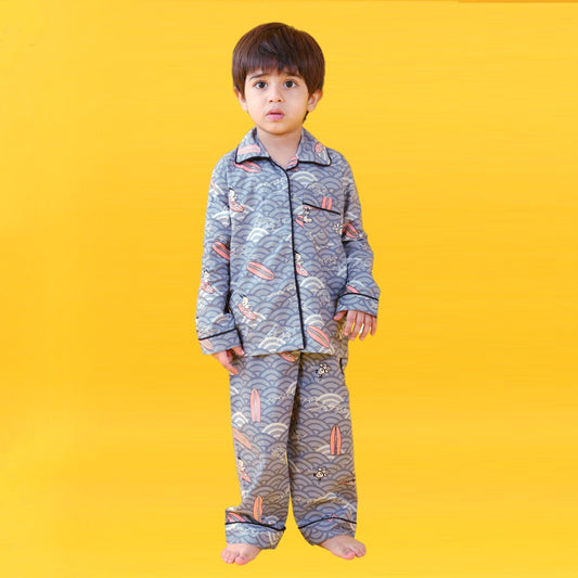 Textile Grey / Ice Skating Printed Full Sleeves Cotton kids Night Suit Set image 0