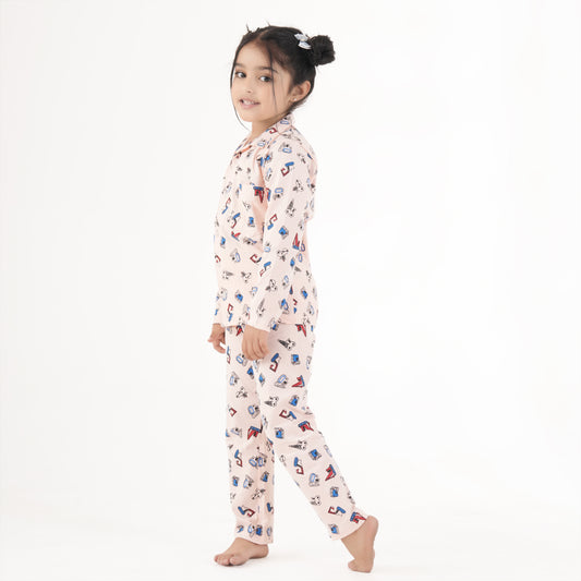 Jam & Sugar Girls Cotton Graphic Printed Full Sleeves Nightsuit - Aqua Blue
