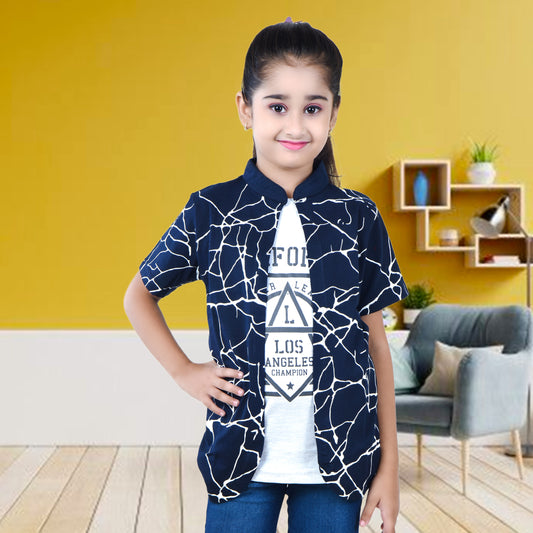 Navy Blue /Printed Half Sleeves Pure Cotton Girls T-shirt Attached with Shrug image 0