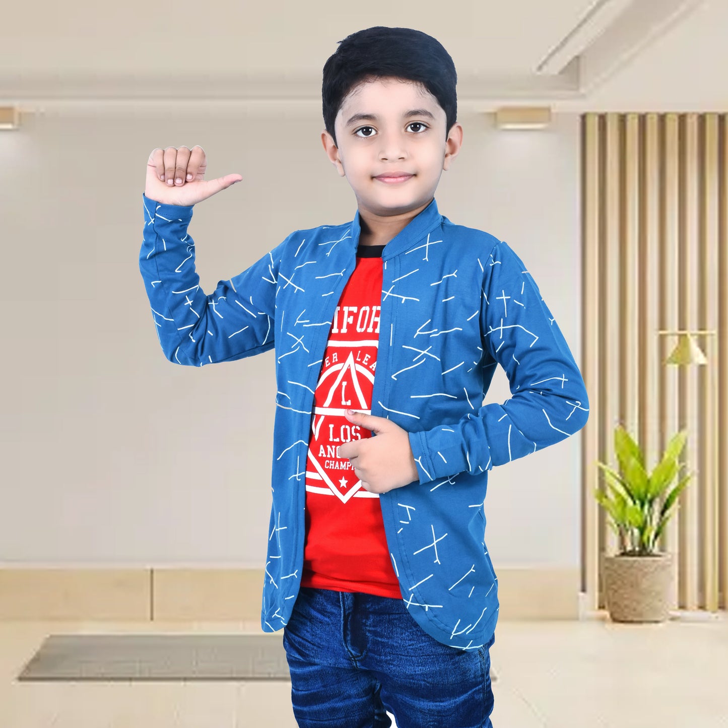 Blue /Airforce Printed Full Sleeves Pure Cotton Boys T-shirt Attached with Shrug image 3