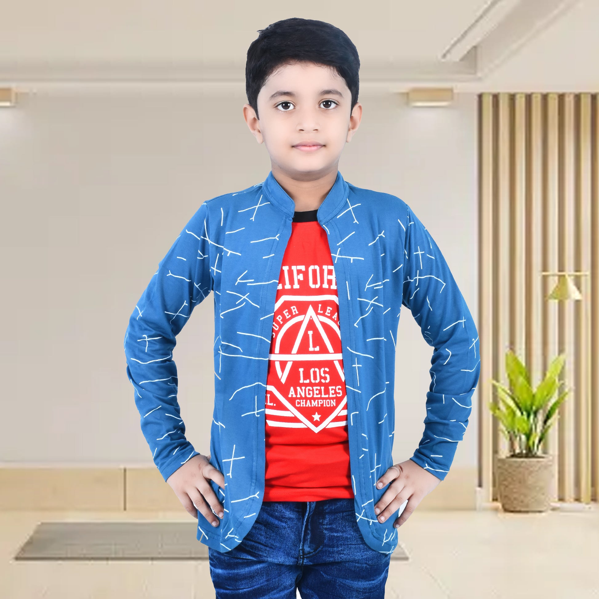 Blue /Airforce Printed Full Sleeves Pure Cotton Boys T-shirt Attached with Shrug image 0