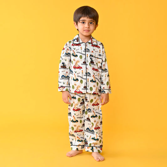Off White / Car Printed Full Sleeves Cotton Kids Night Suit image 0