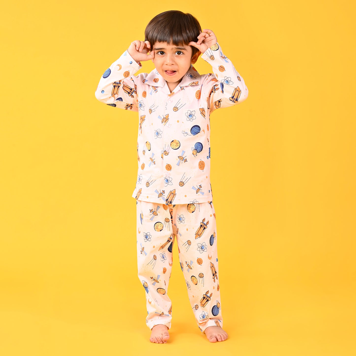 Light Pink / Galaxy  Printed Full Sleeves Cotton Kids Night Suit image 2