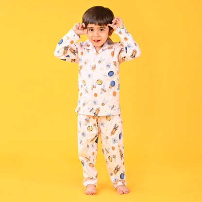 Light Pink / Galaxy  Printed Full Sleeves Cotton Kids Night Suit image 2