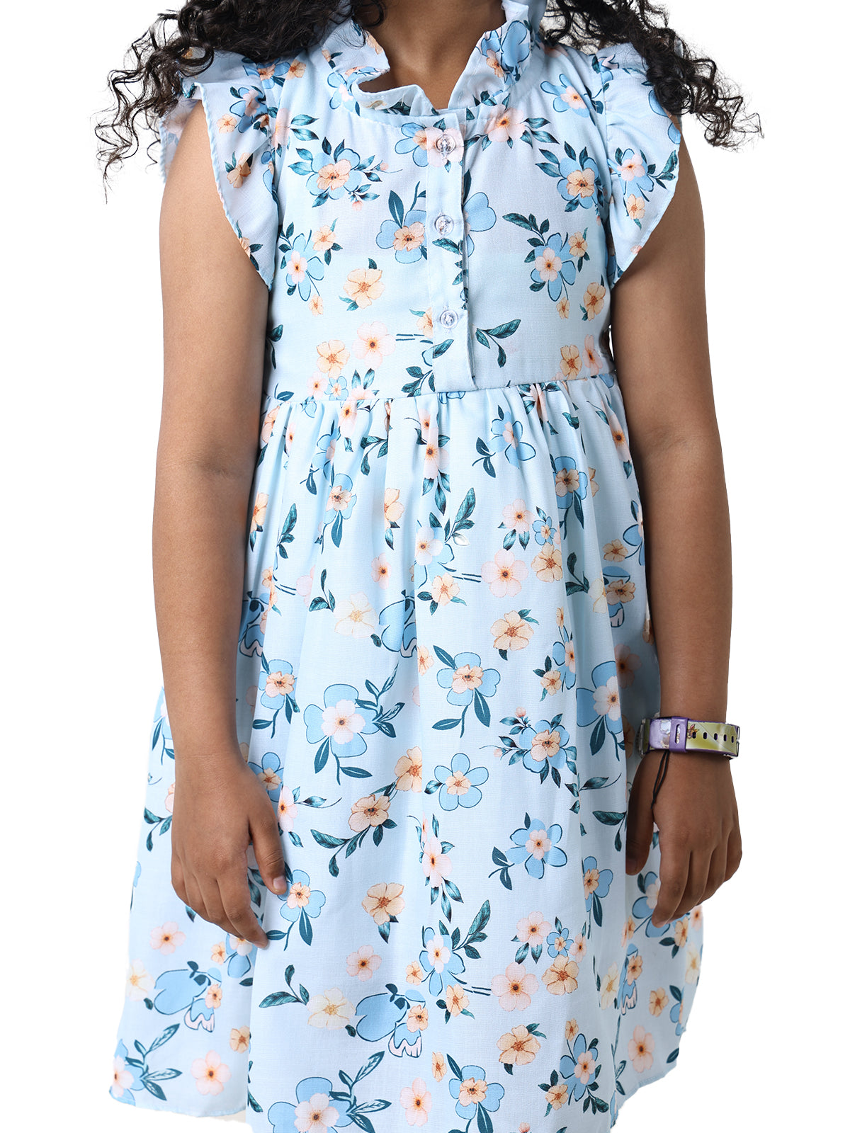 Girls Floral Print Cotton Blend A-Line Frock Dress - Blue