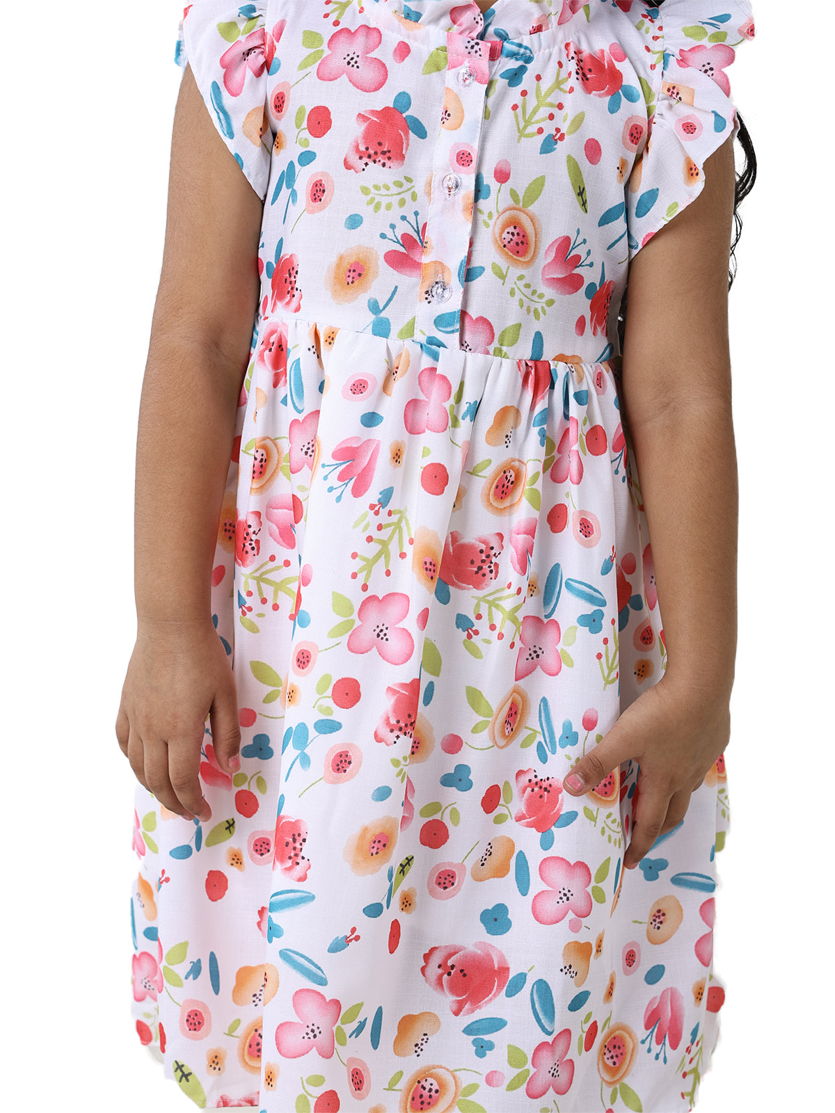 Girls Floral Print Cotton Blend A-Line Frock Dress - White