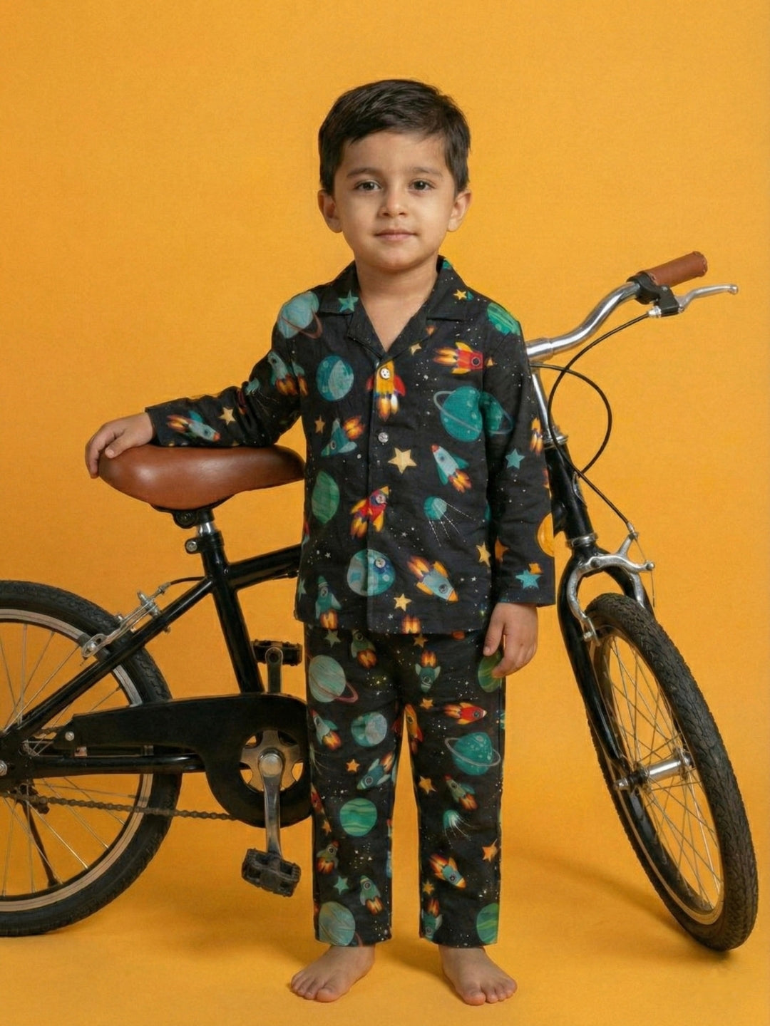 Black Graphic Printed Full Sleeves Nightsuit for Boys
