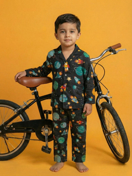 Black Graphic Printed Full Sleeves Nightsuit for Boys