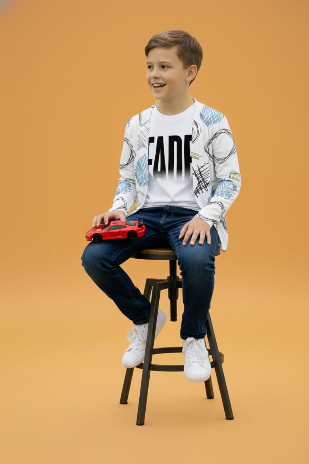 White Graphic Printed Full Sleeve Pure Cotton Boys T-Shirt with Attached Shrug