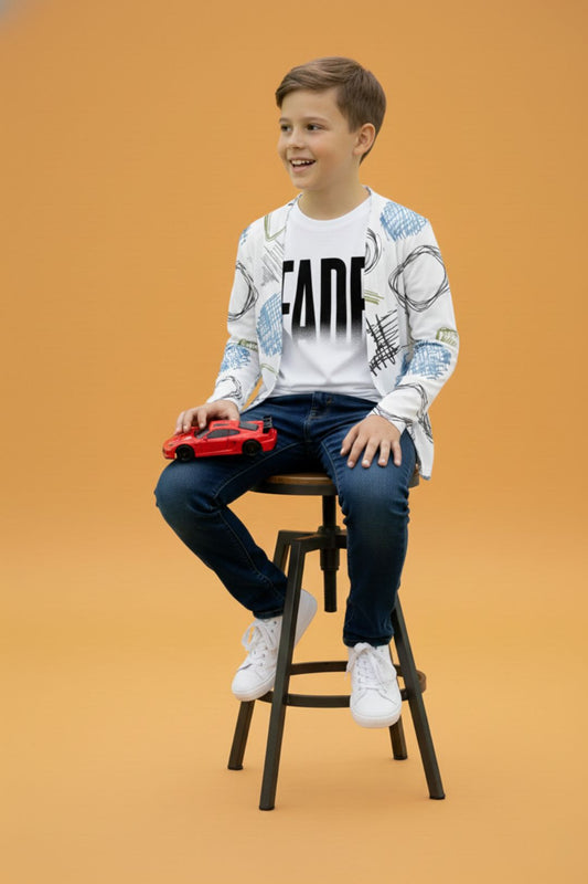 Pure White Cotton White Printed Full Sleeves T-shirt with Shrug for Boys