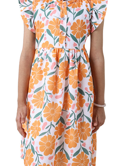 Girls Floral Print Cotton Blend A-Line Frock Dress - Orange