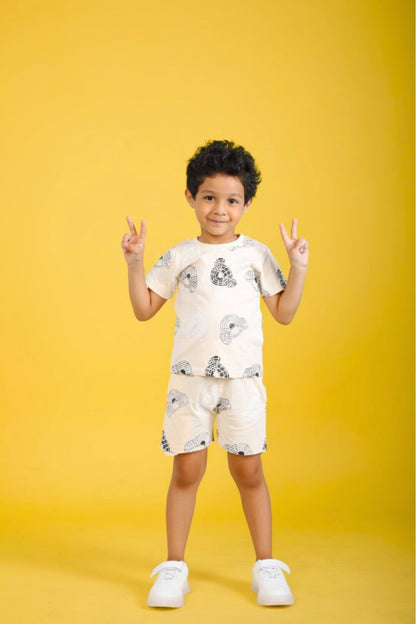 Cream Pure Cotton Printed Co-ord Set for Boys