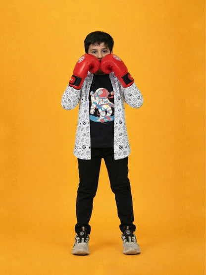 White Graphic Printed Full Sleeves T-shirt with Shrug for Boys