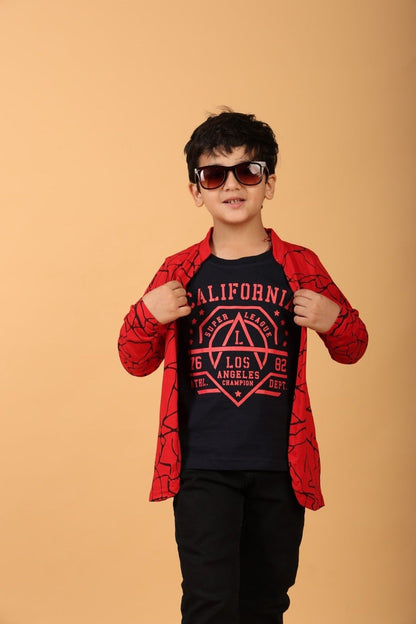 Red Pure Cotton Printed T-shirt with attached Jacket for Boys
