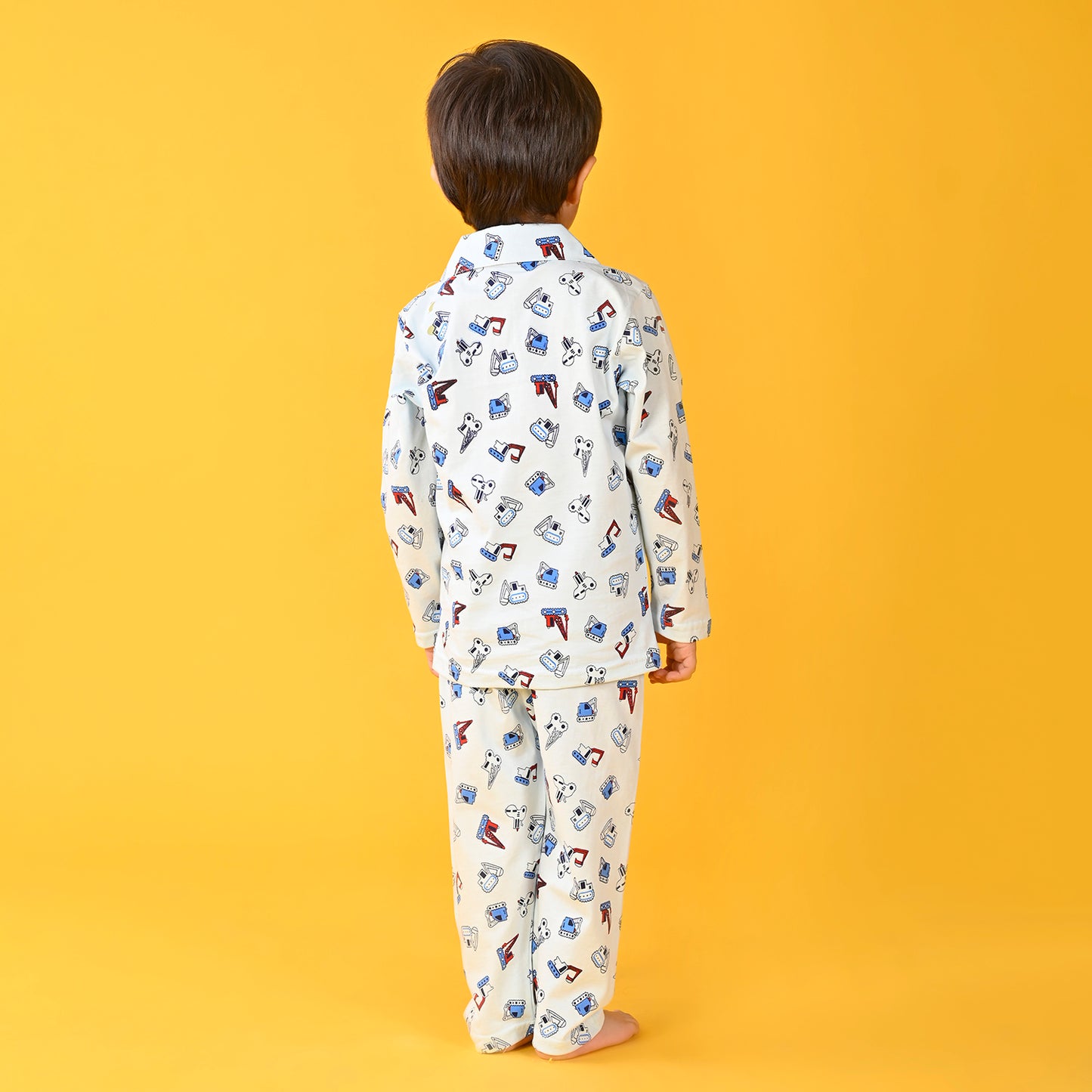 Light Blue / Bulldozar Car Printed Full Sleeves Cotton Kids Night Suit image 4
