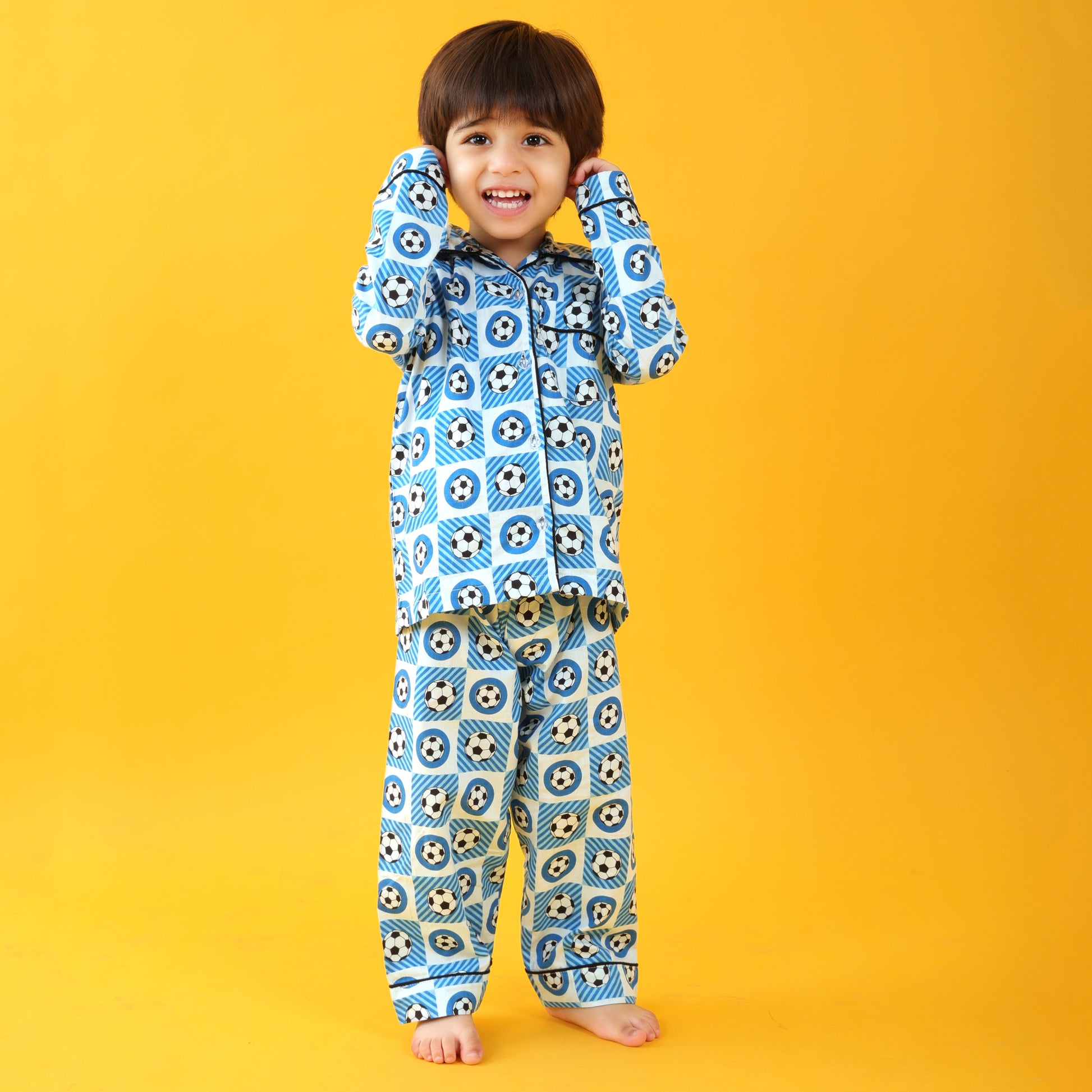 Textile Blue / Soccer Printed Full Sleeves Cotton Kids Night Suit Set image 4