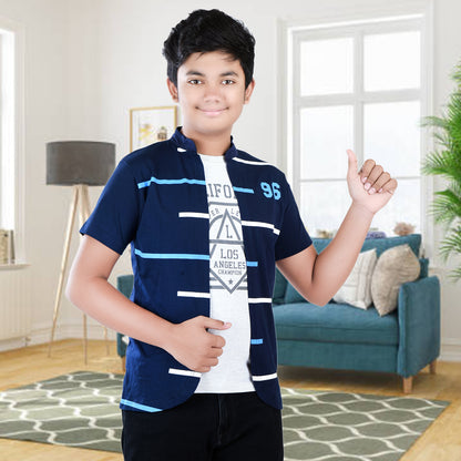 Navy/Printed Half Sleeves Pure Cotton Boys T-shirt Attached with Shrug image 2
