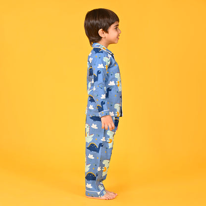 Horizan Blue / Dinosaur Printed Full Sleeves Cotton Kids Night Suit image 1