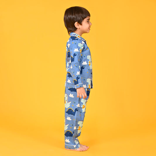 Horizan Blue / Dinosaur Printed Full Sleeves Cotton Kids Night Suit image 1