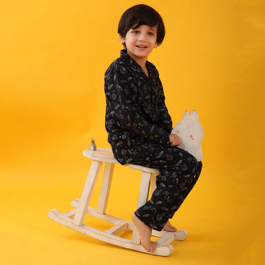 Hosiery Navy / Dark Galaxy Printed Full Sleeves Cotton kids Night Suit Set image 4