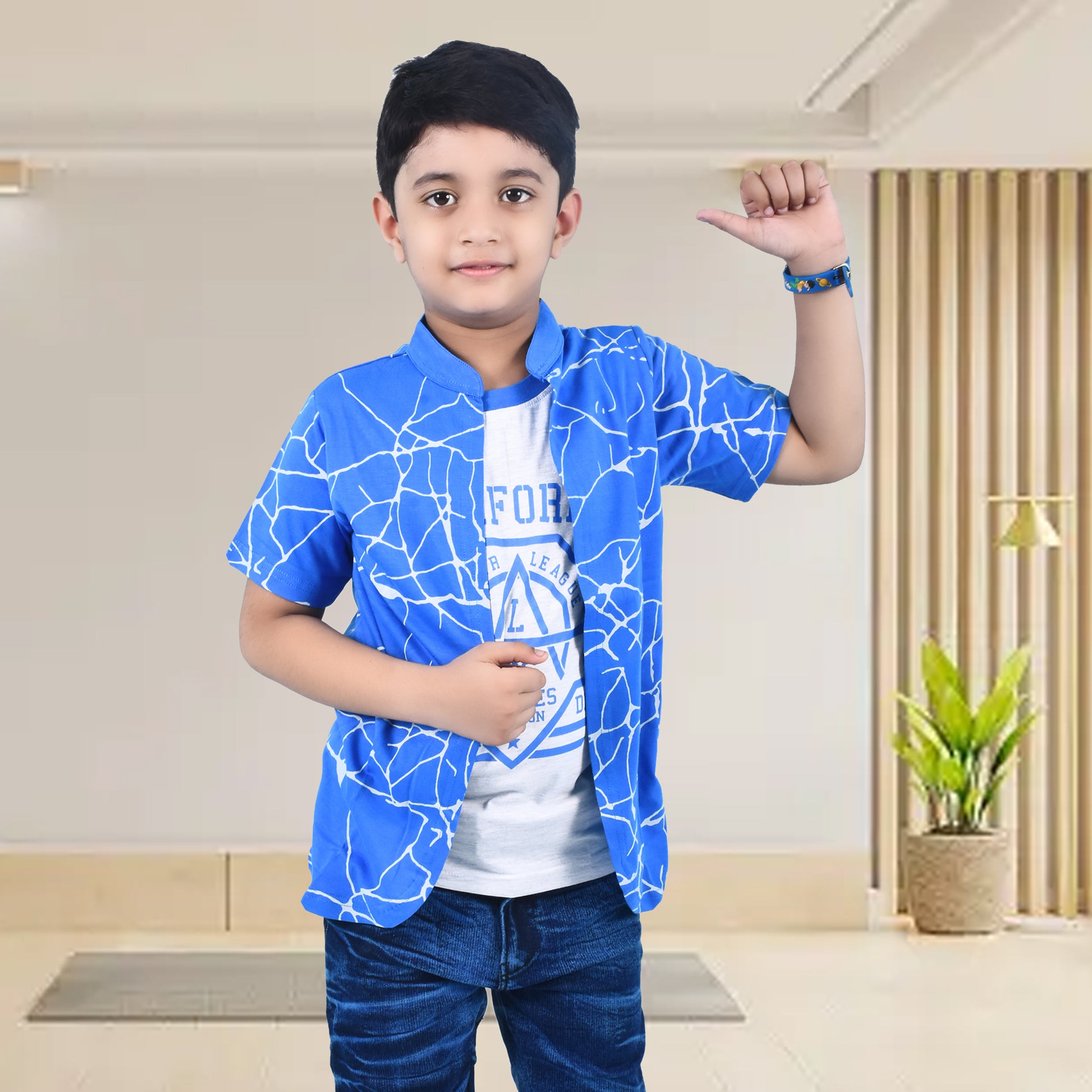 Royal Blue /Printed Half Sleeves Pure Cotton Boys T-shirt Attached with Shrug image 2