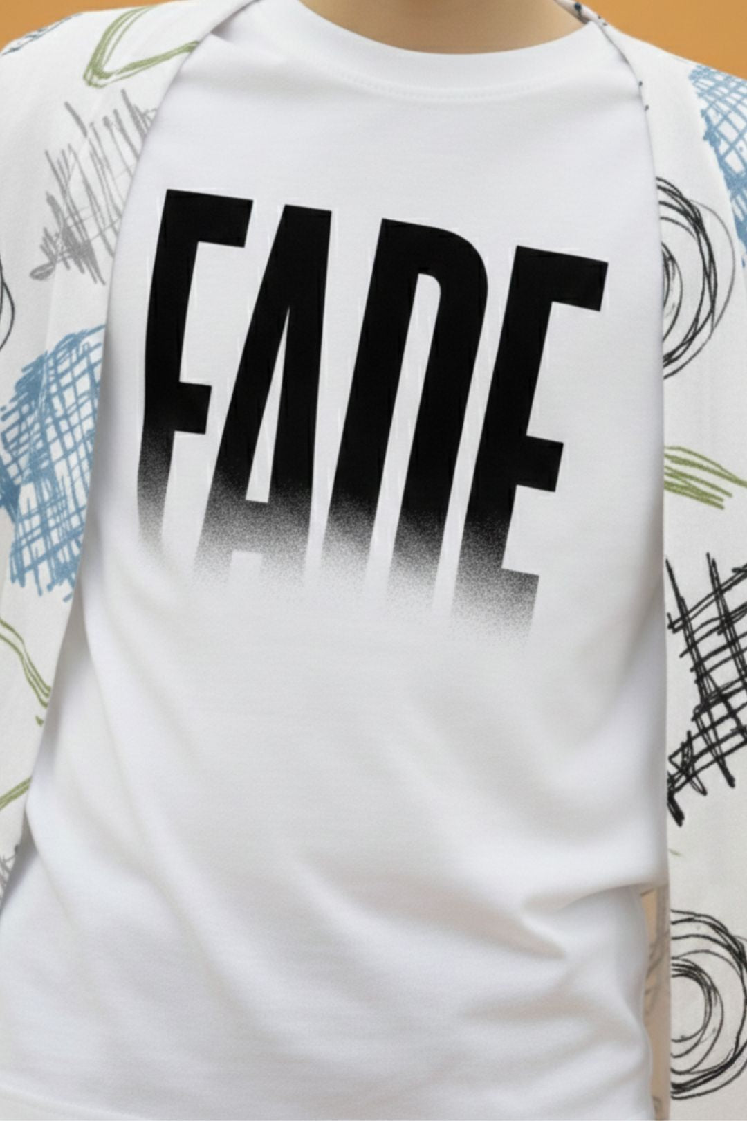 White Graphic Printed Full Sleeve Pure Cotton Boys T-Shirt with Attached Shrug
