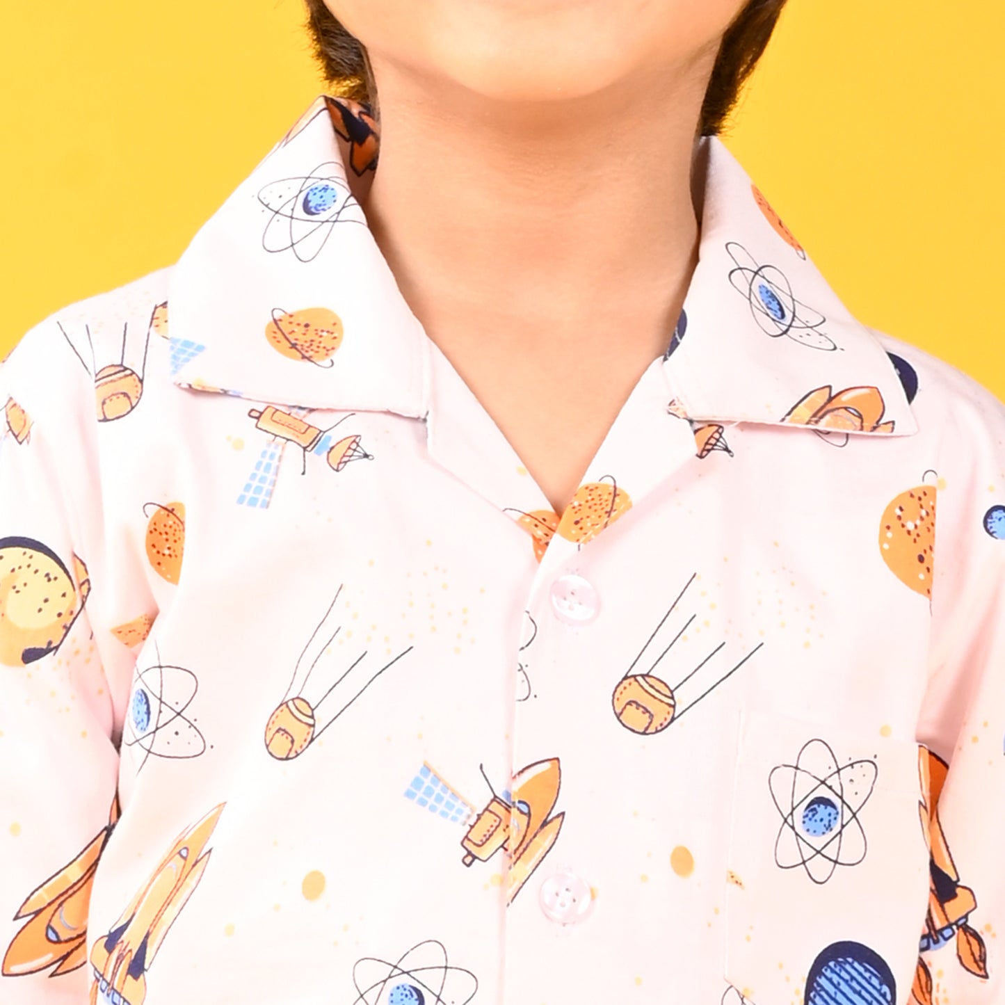 Light Pink / Galaxy  Printed Full Sleeves Cotton Kids Night Suit image 4