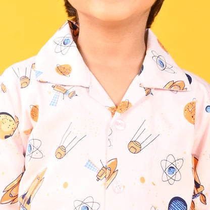 Light Pink / Galaxy  Printed Full Sleeves Cotton Kids Night Suit image 4