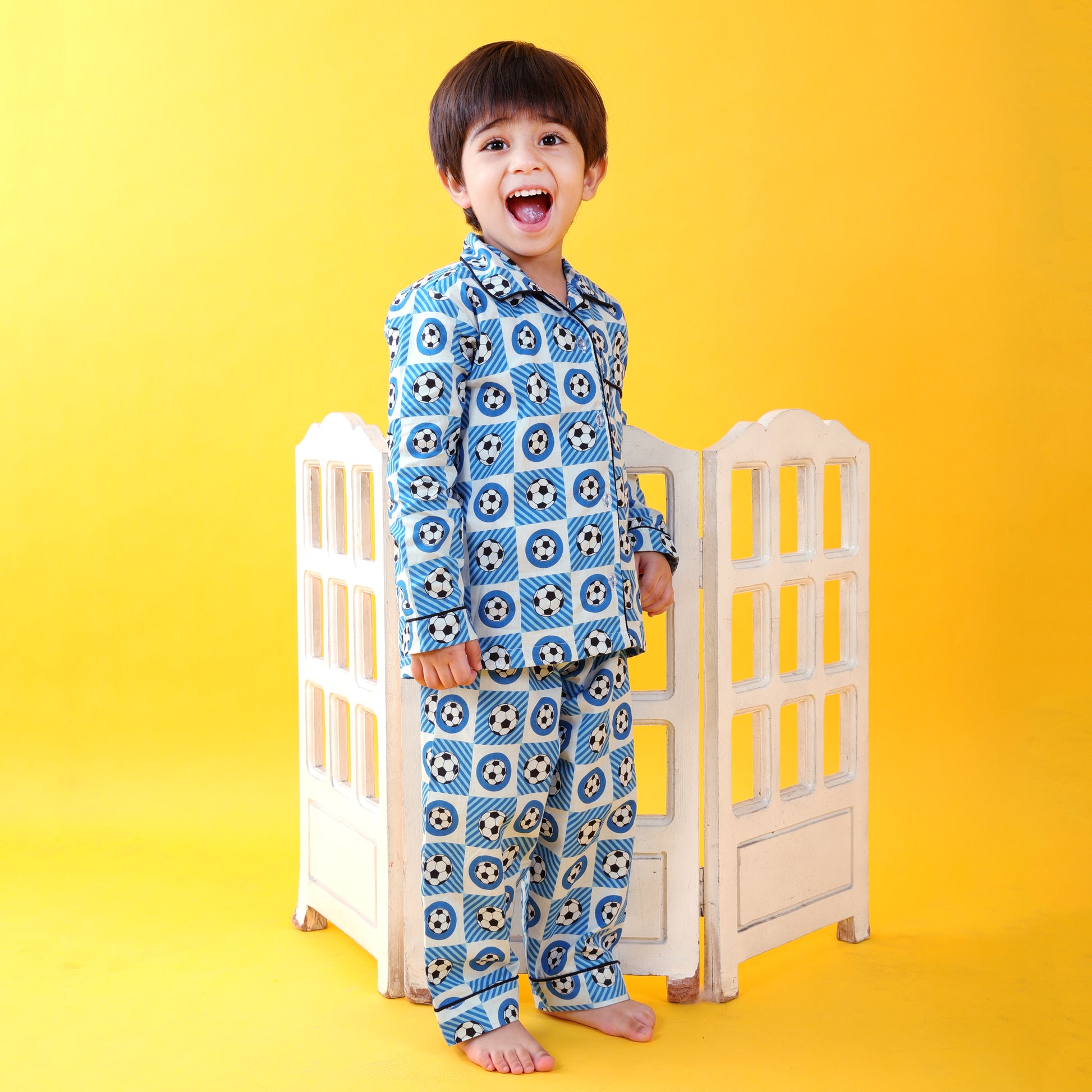 Textile Blue / Soccer Printed Full Sleeves Cotton Kids Night Suit Set image 2