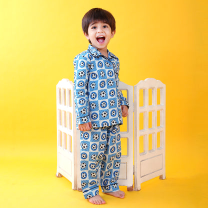 Textile Blue / Soccer Printed Full Sleeves Cotton Kids Night Suit Set image 2