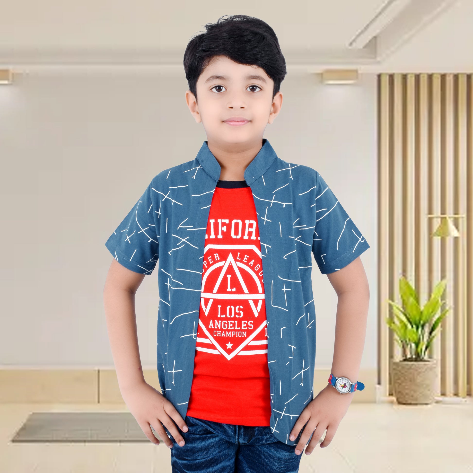 Blue /Airforce Printed Half Sleeves Pure Cotton Boys T-shirt Attached with Shrug image 0