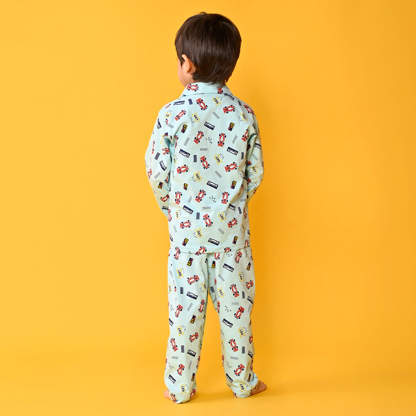Aqua Blue / Recing Car Printed Full Sleeves Cotton Kids Night Suit image 5