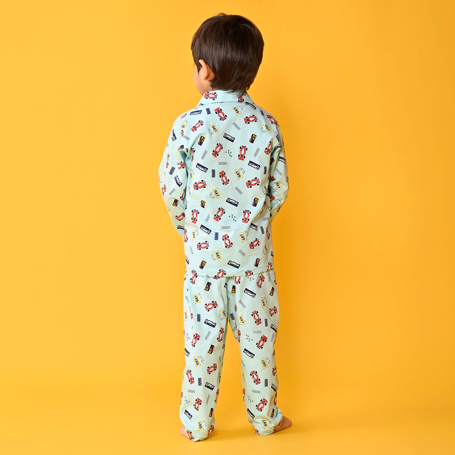Aqua Blue / Recing Car Printed Full Sleeves Cotton Kids Night Suit image 5
