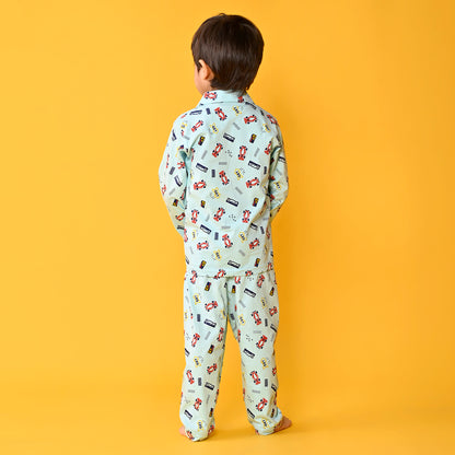 Aqua Blue / Recing Car Printed Full Sleeves Cotton Kids Night Suit image 5
