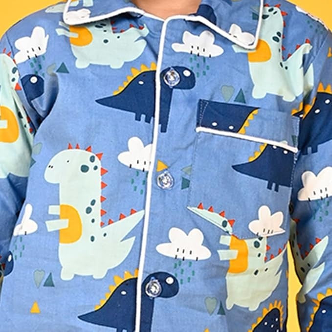 Jam & Sugar Dino Blue Cotton Kids Casual Half Sleeve | Night Dress | Comfortable Combo Set