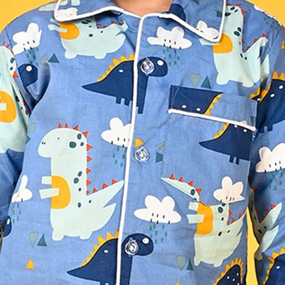Jam & Sugar Dino Blue Cotton Kids Casual Half Sleeve | Night Dress | Comfortable Combo Set