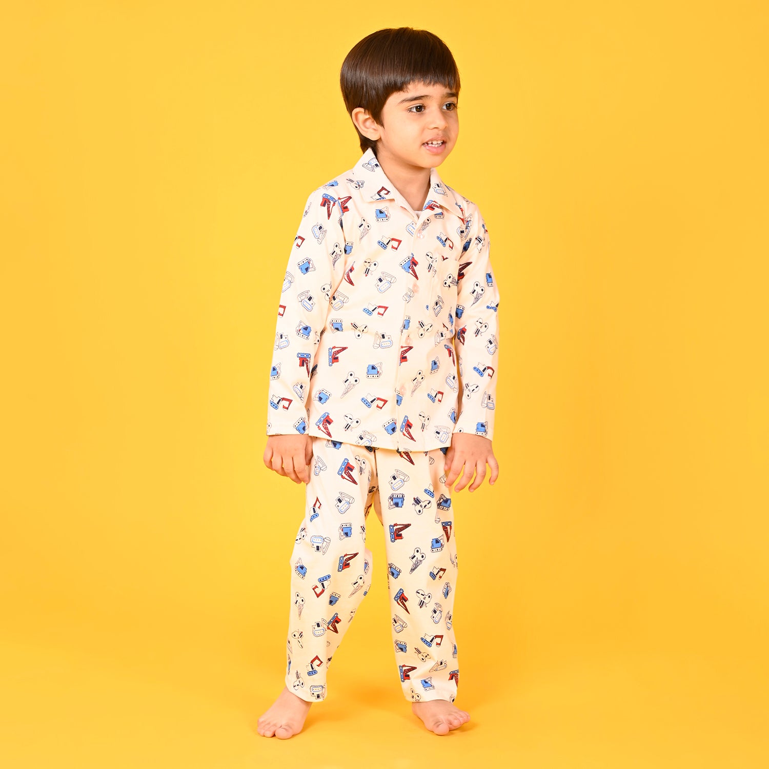Peach / Car Printed Full Sleeves Cotton Kids Night Suit image 3