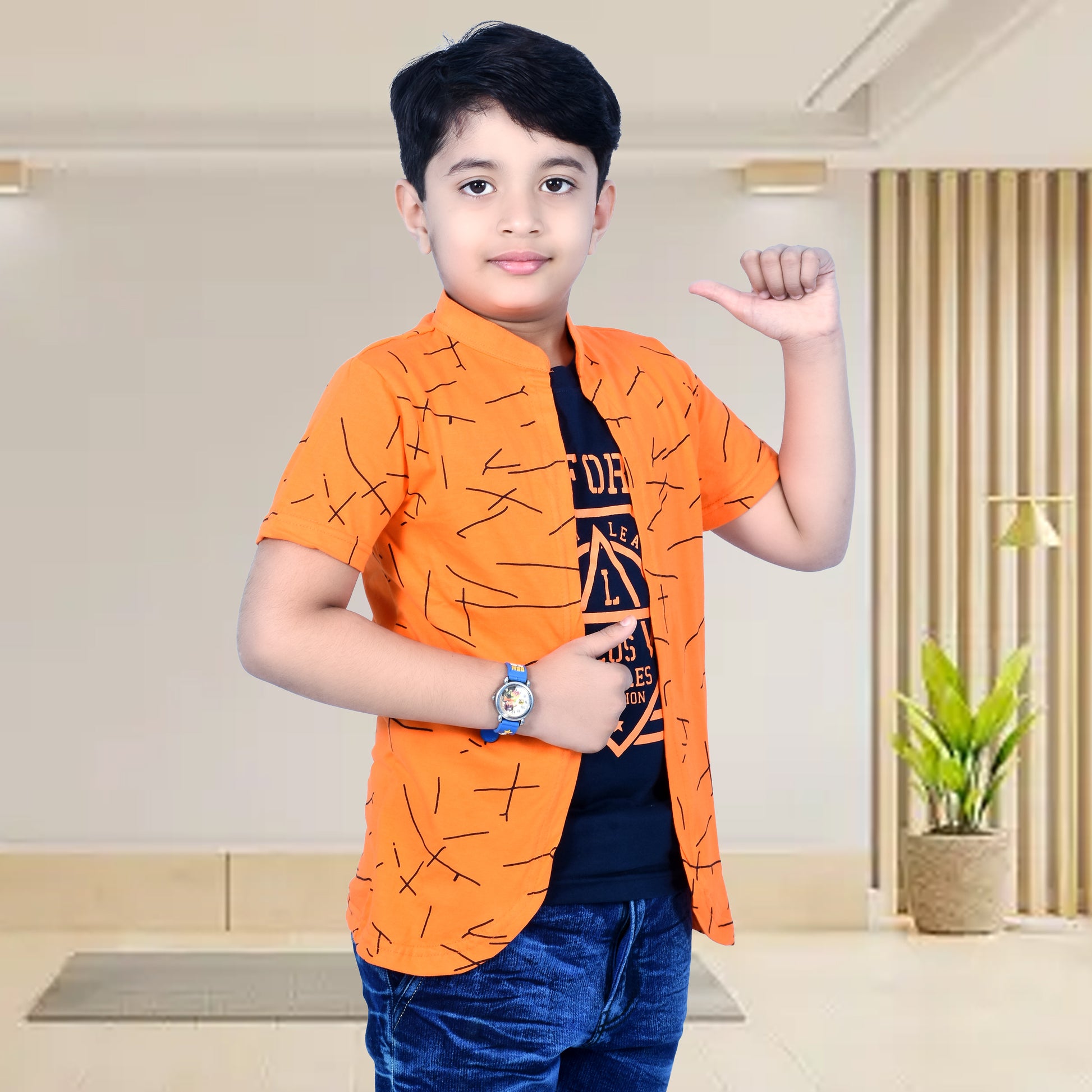 Orange /Printed Half Sleeves Pure Cotton Boys T-shirt Attached with Shrug image 3