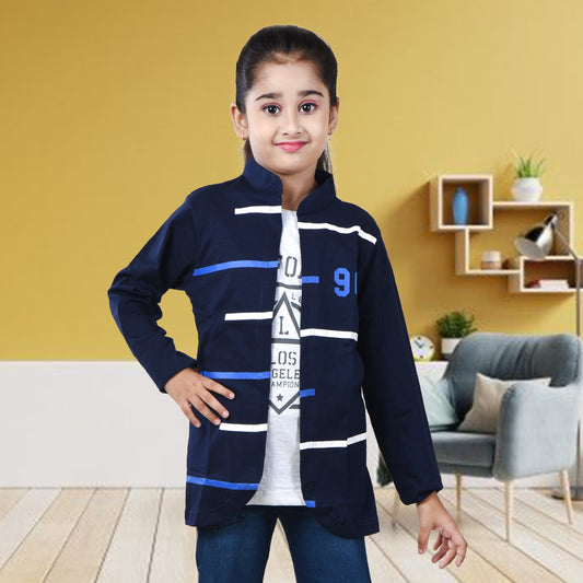 Navy Blue /Printed Full Sleeves Pure Cotton Girls T-shirt Attached with Shrug image 0