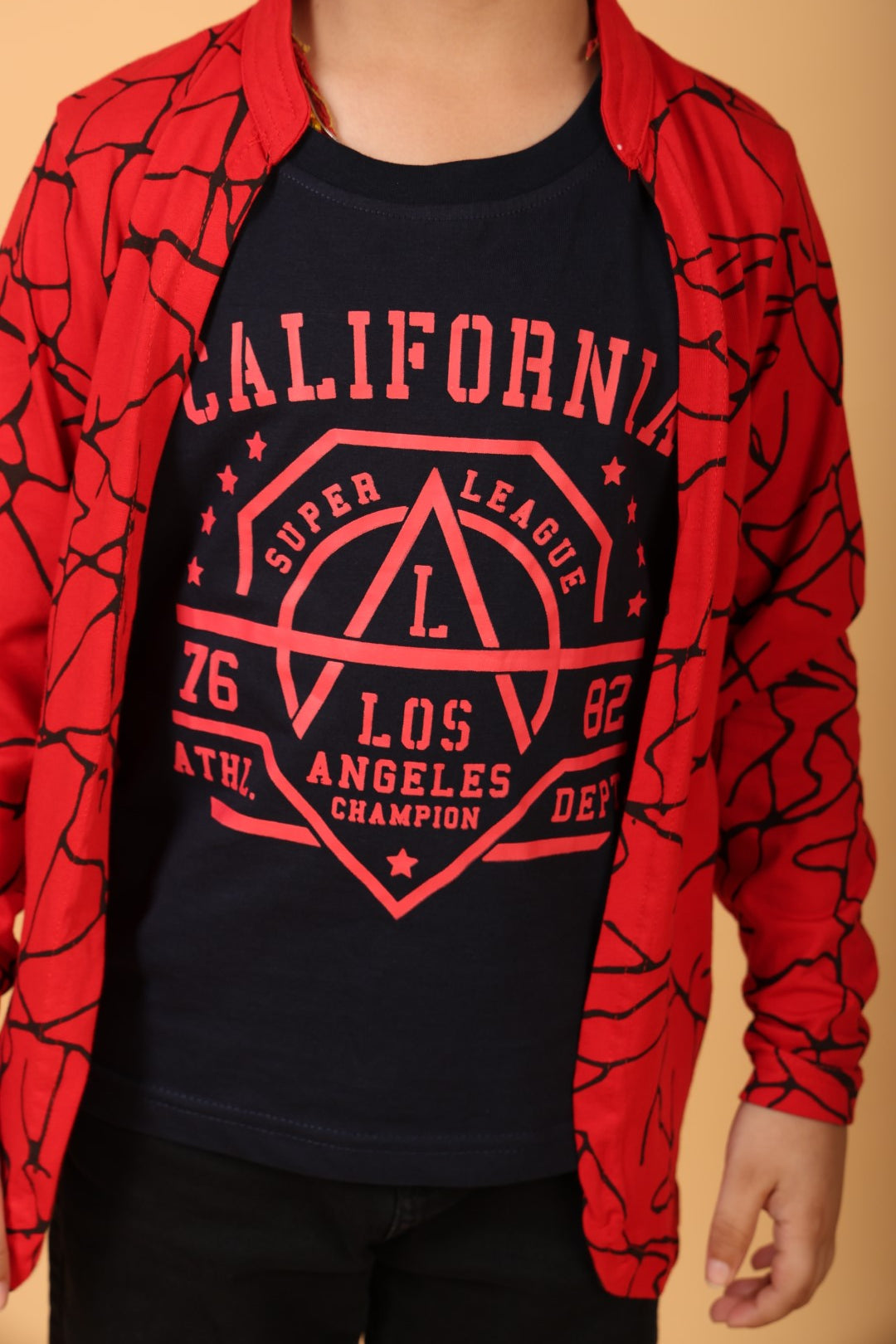 Red Pure Cotton Printed T-shirt with attached Jacket for Boys