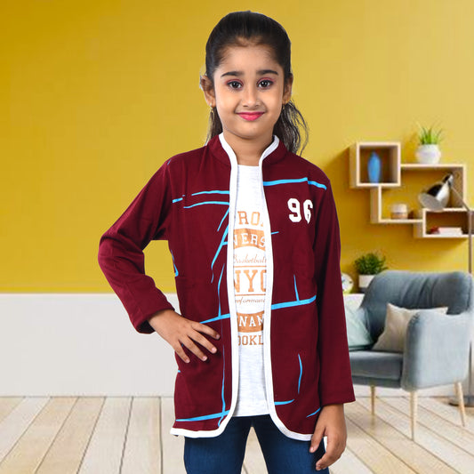 Maroon /Printed Full Sleeves Pure Cotton Girls T-shirt Attached with Shrug image 0