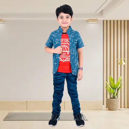 Blue /Airforce Printed Half Sleeves Pure Cotton Boys T-shirt Attached with Shrug image 4