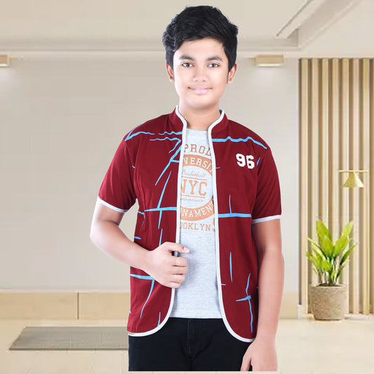 Maroon /Printed Half Sleeves Pure Cotton Boys T-shirt Attached with Shrug image 0