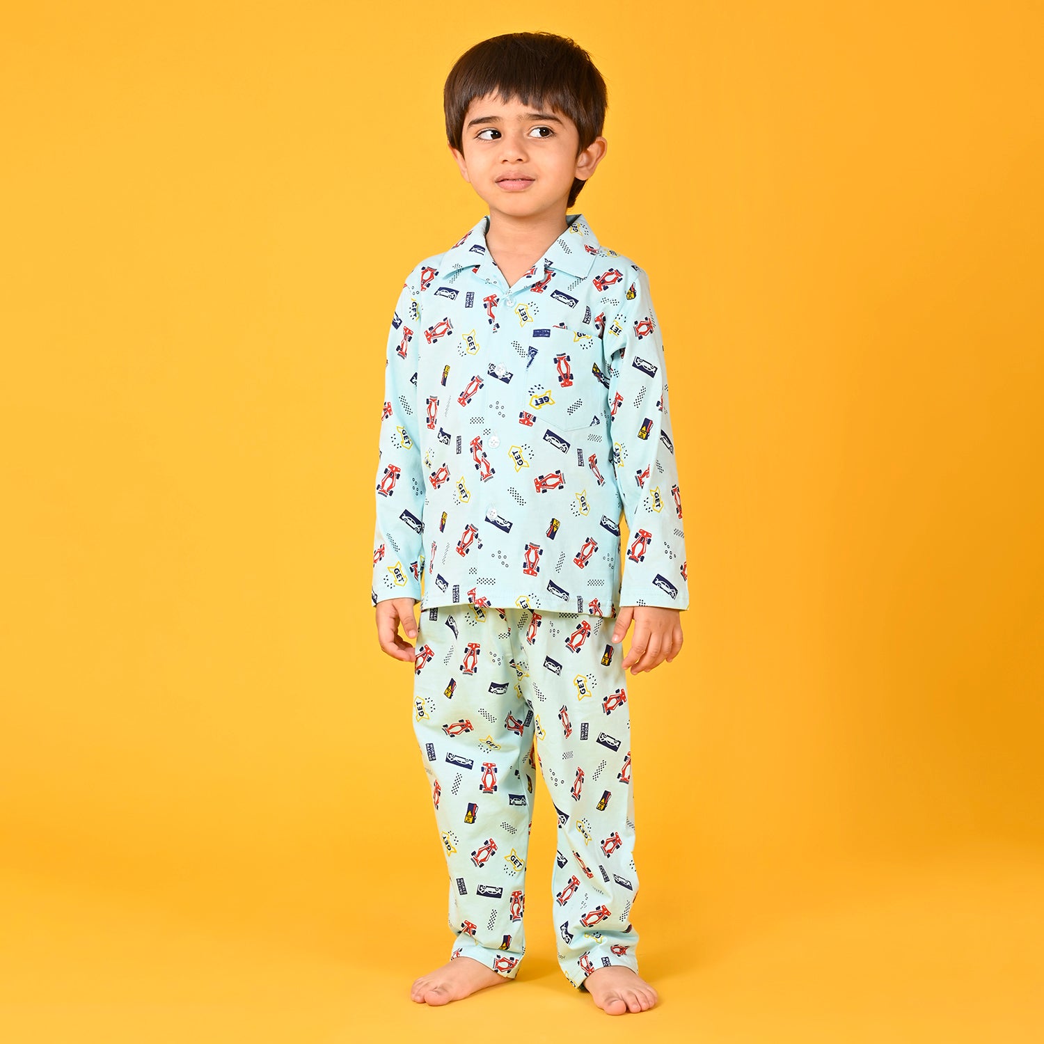Aqua Blue / Recing Car Printed Full Sleeves Cotton Kids Night Suit image 0