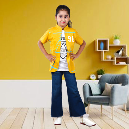 Mustard /Printed Half Sleeves Pure Cotton Girls T-shirt Attached with Shrug image 3